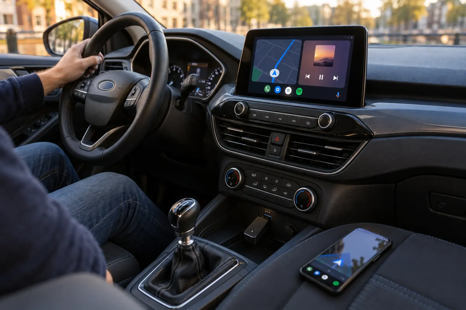 Draadloze Android Auto-adapter in de USB-poort onder het touchscreen van een auto in Deventer, de telefoon ligt los op de bijrijdersstoel