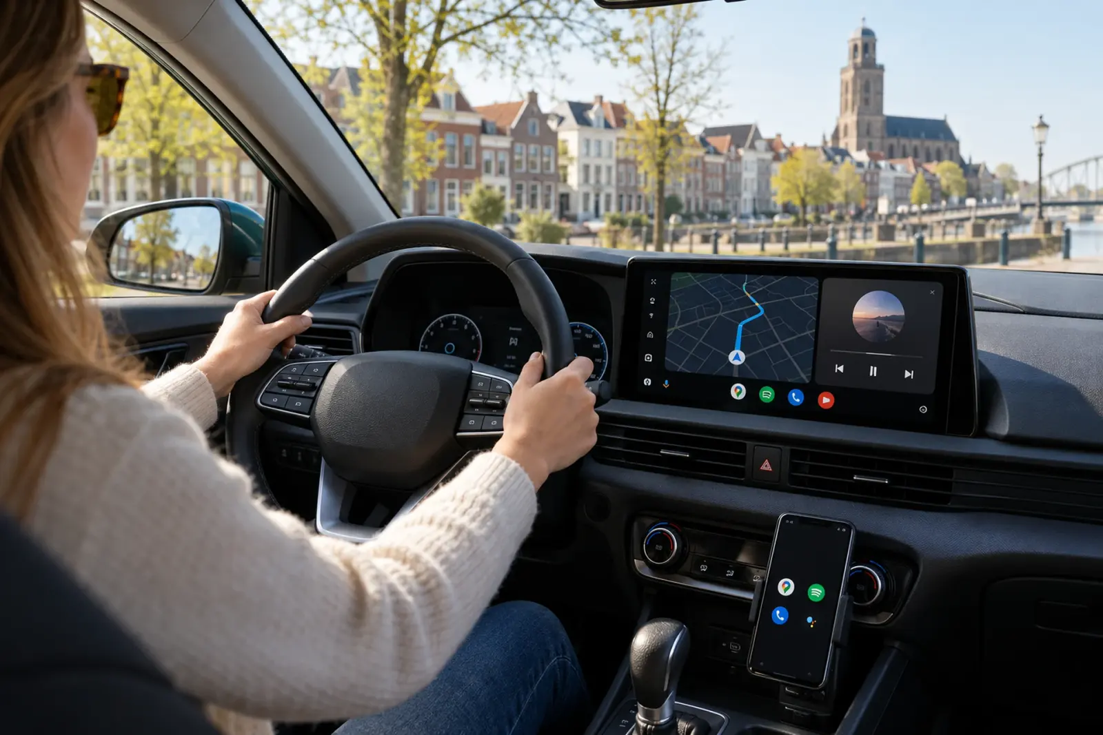 Android Auto bestellen in Deventer: bestuurster met Android Auto op een breed touchscreen, uitzicht op de IJsselbrug en de binnenstad