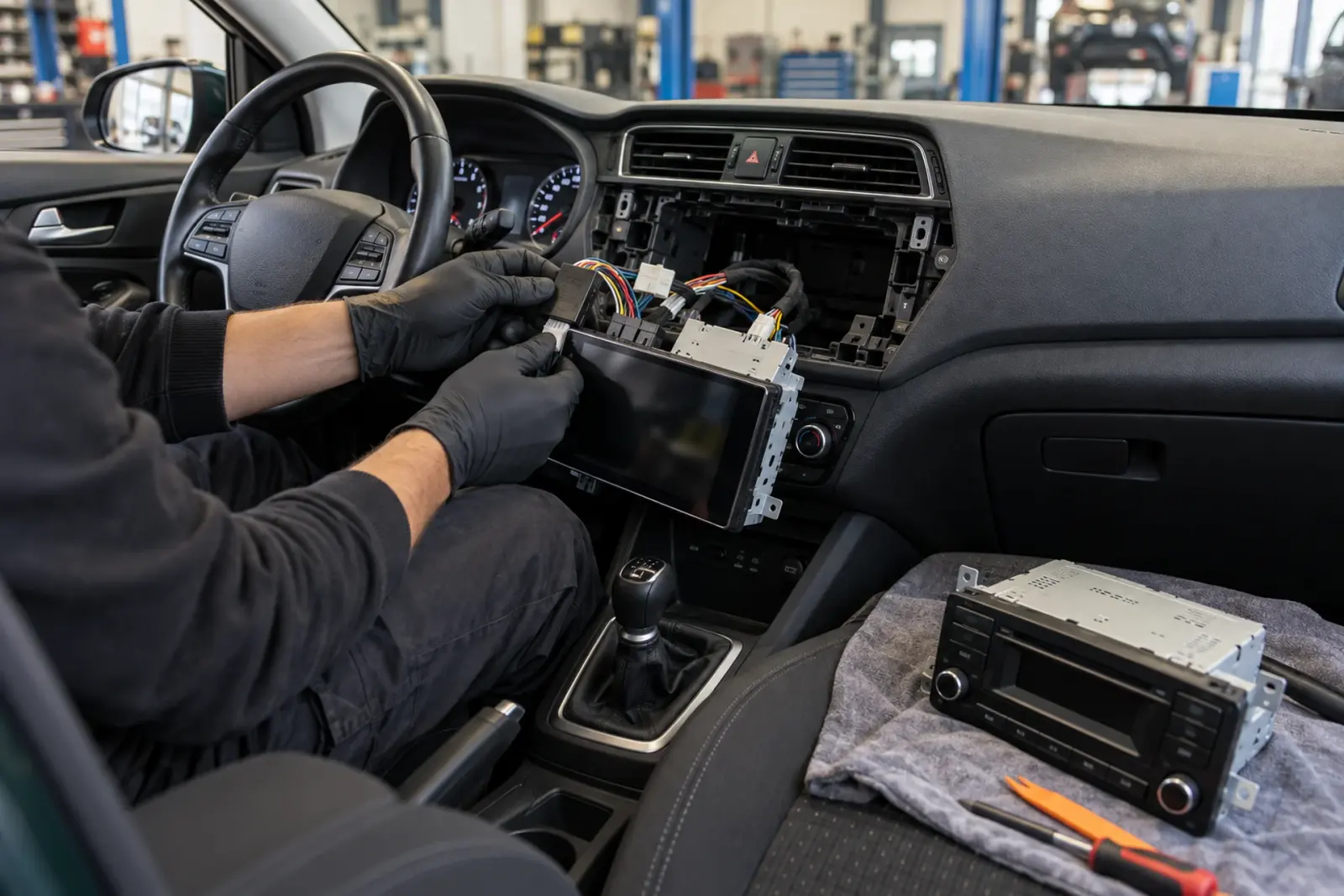 Android Auto radio inbouwen in Deventer: monteur met handschoenen sluit de kabelboom aan op de nieuwe radio, de oude fabrieksradio ligt op de stoel
