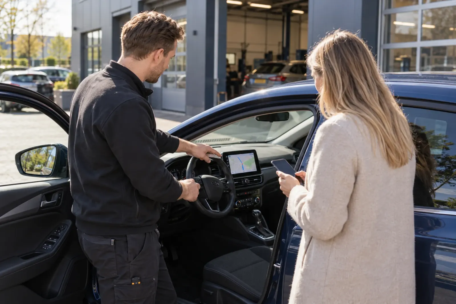 Monteur van de inbouwpartner legt een klant uit Deventer bij de werkplaats de bediening van het nieuwe CarPlay-scherm uit