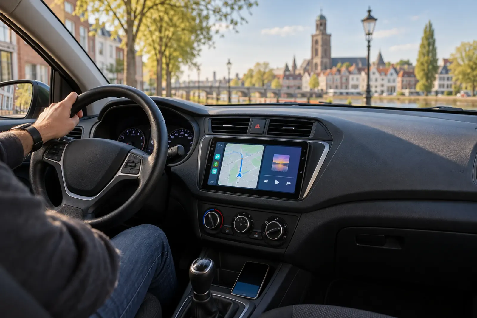 CarPlay bestellen in Deventer: bestuurder rijdt met een ingebouwd CarPlay-scherm met navigatie langs de IJssel, de kerktoren van de binnenstad op de achtergrond