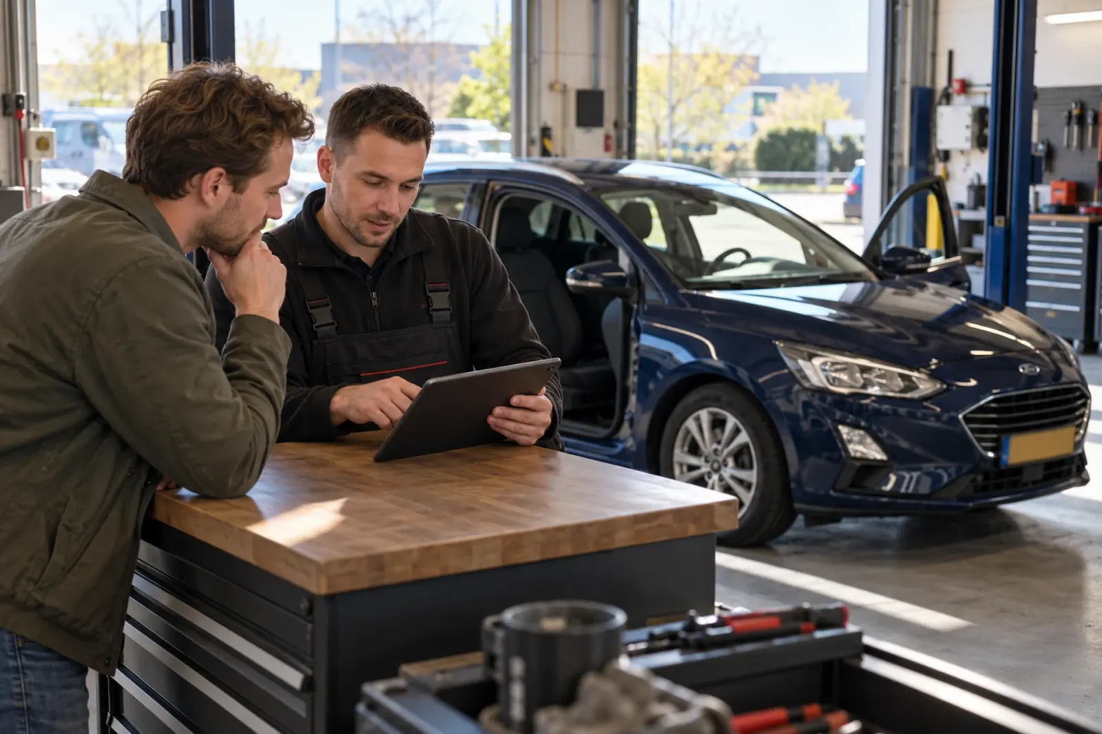 Specialist van de inbouwpartner bespreekt op een tablet de offerte met een klant uit Deventer, zijn blauwe auto staat achter hen in de werkplaats