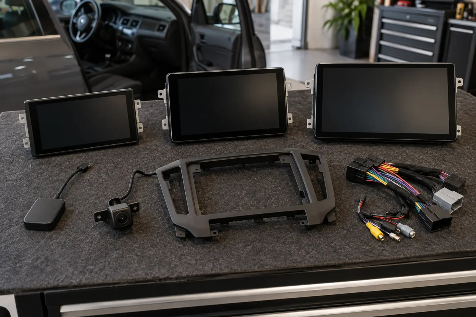 CarPlay prijzen in Deventer: drie CarPlay-schermen in verschillende maten met adapter, achteruitrijcamera, inbouwframe en kabelboom op de werkbank van de inbouwpartner