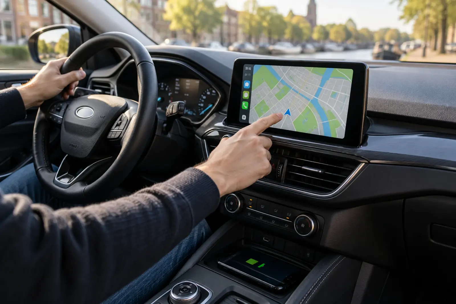 Hand wijst naar de kaart op een ingebouwd CarPlay-scherm terwijl de iPhone op de draadloze lader ligt, auto geparkeerd aan het water in Deventer