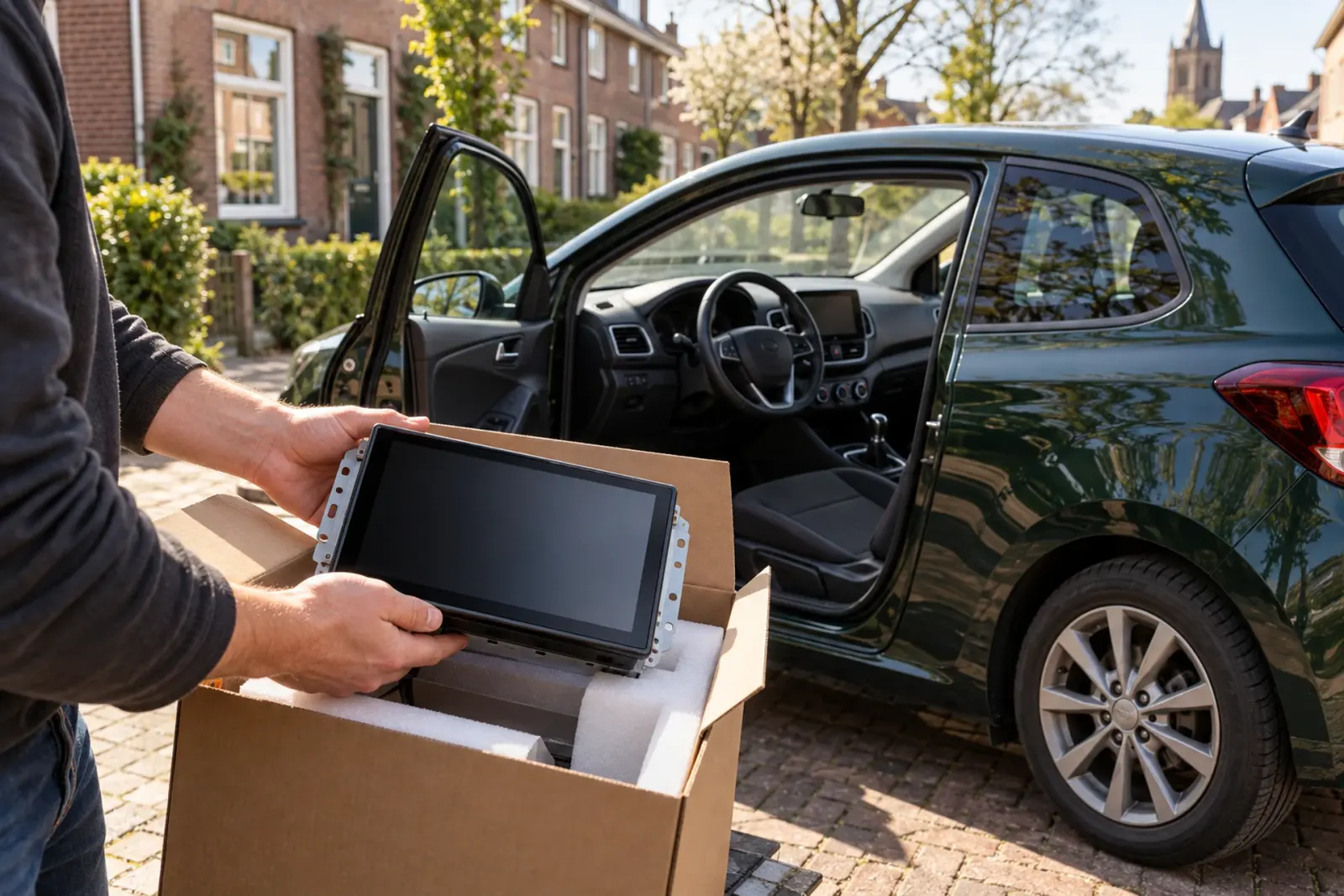 CarPlay scherm bestellen in Deventer: nieuw scherm wordt uit de verpakking gehaald naast een geparkeerde hatchback in een woonstraat