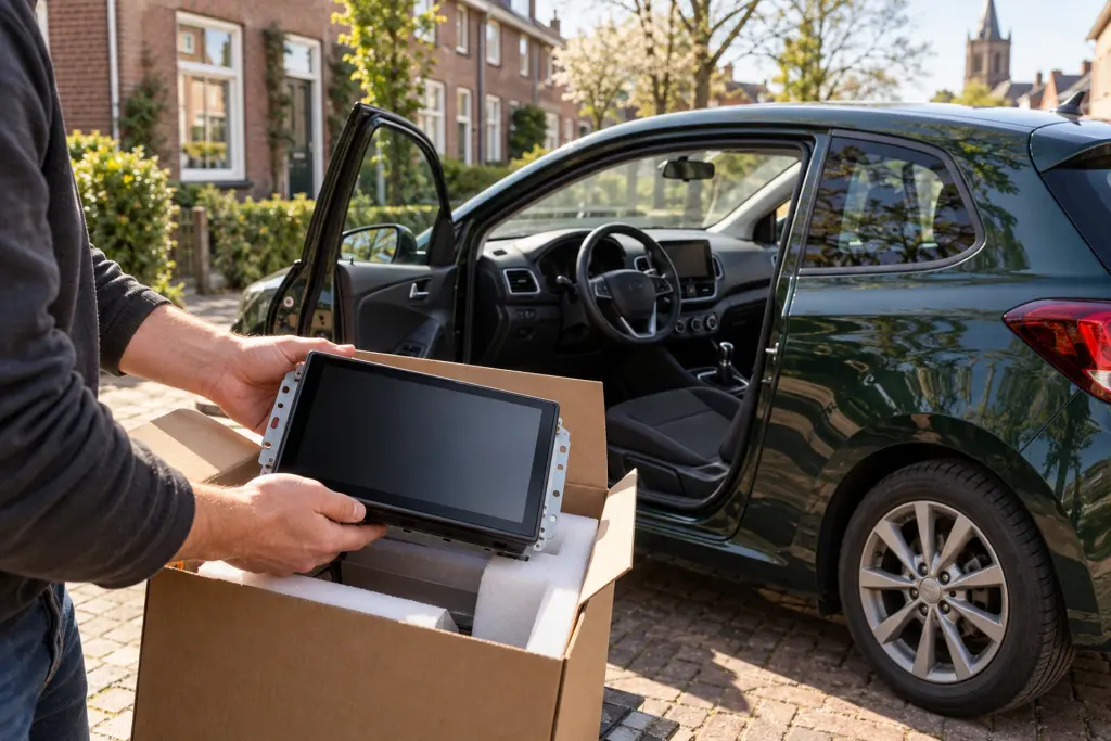 Nieuw CarPlay-scherm wordt uit de doos gehaald naast een geparkeerde hatchback in een woonstraat in Deventer
