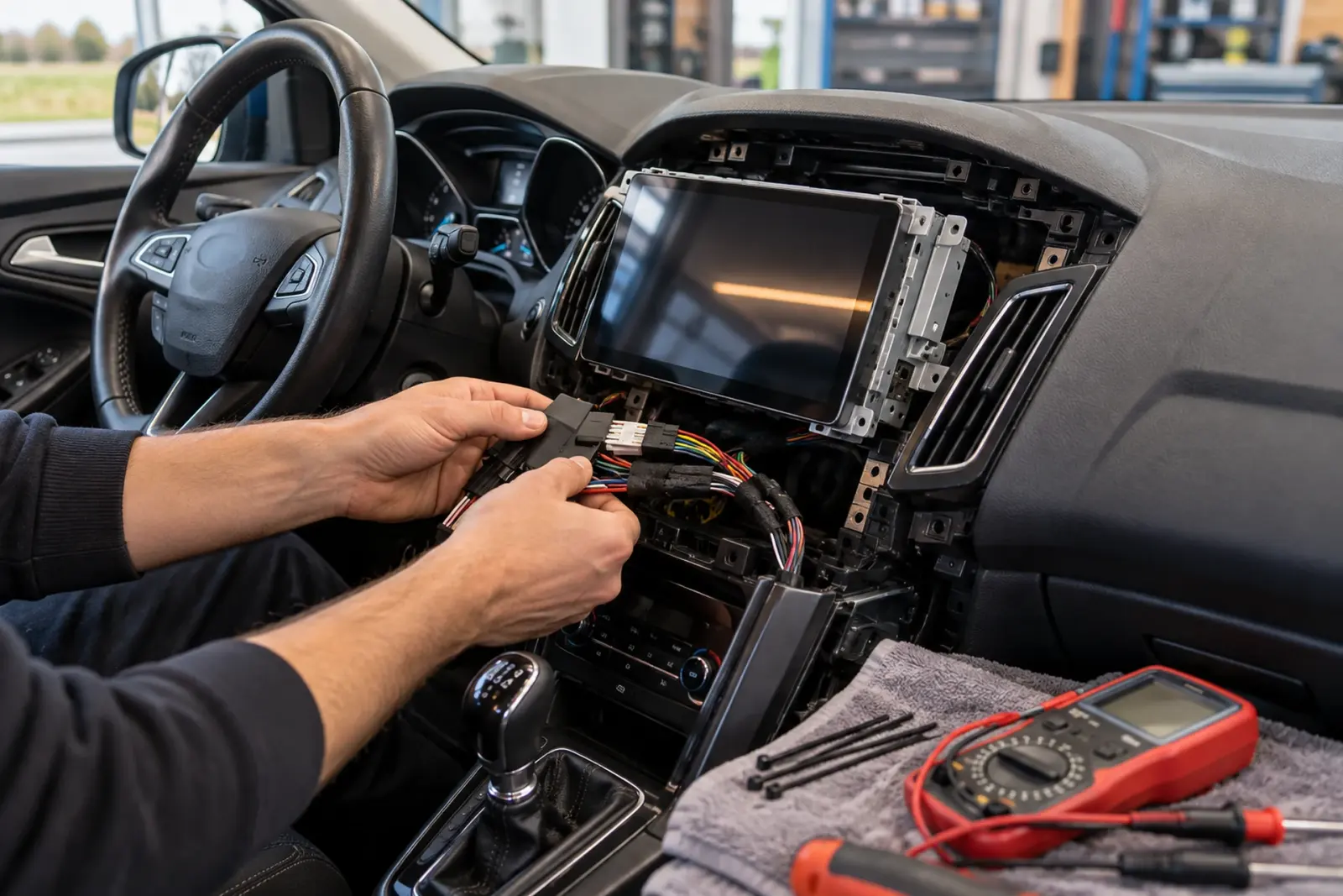 Monteur verbindt de kabelboom en de interface achter een nieuw CarPlay-scherm in het dashboard van een auto uit Deventer, een multimeter ligt op de console