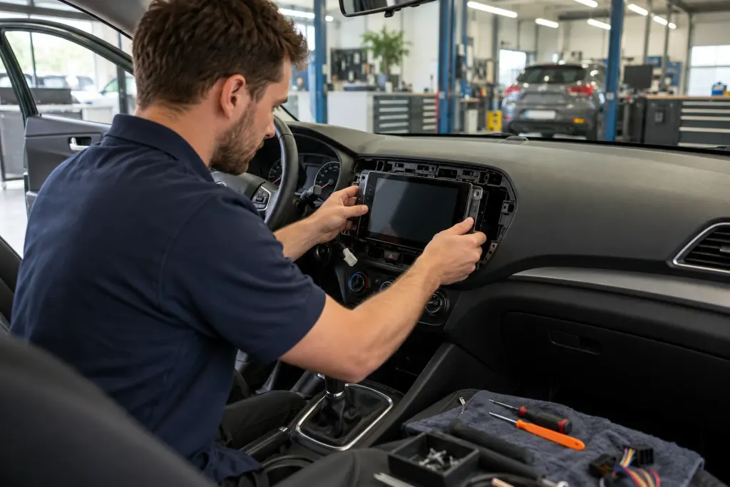 Monteur plaatst een CarPlay-scherm in de dashboardopening van een auto uit Deventer in de werkplaats van de inbouwpartner